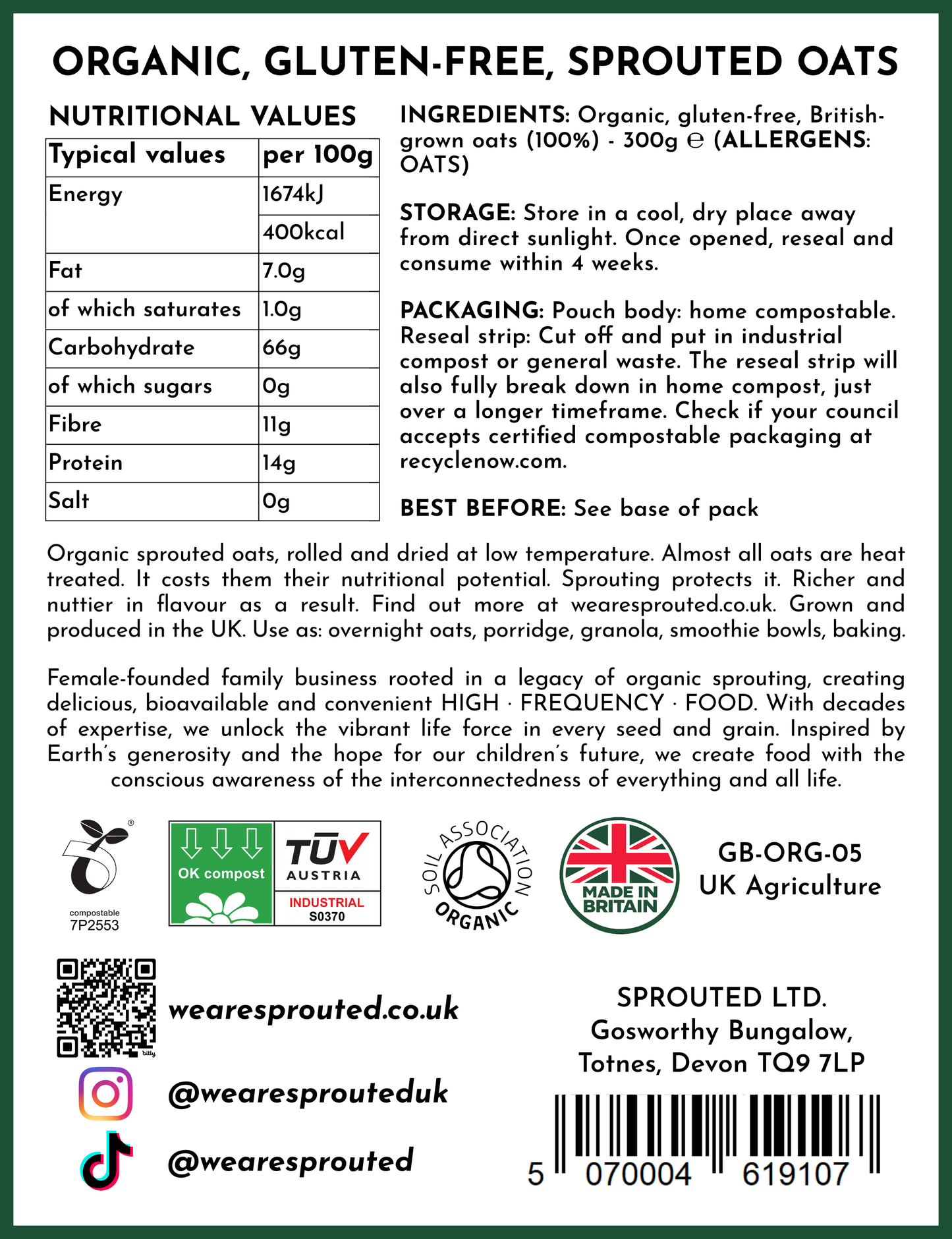 300g Organic Sprouted Oats